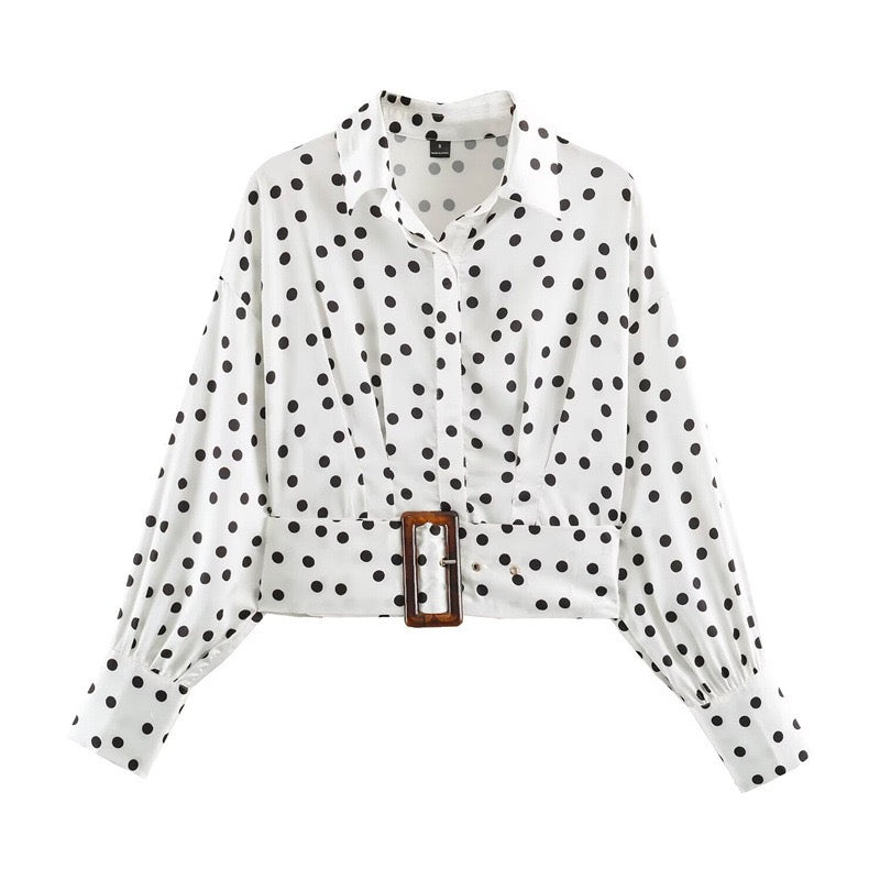 White Polka Dot Belted Blouse