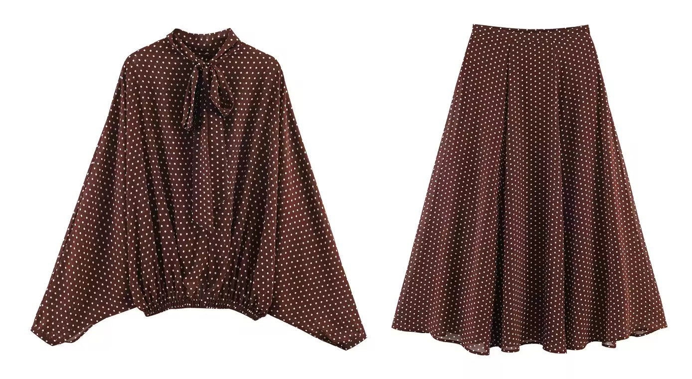 Brown Polka Dot Skirt Set