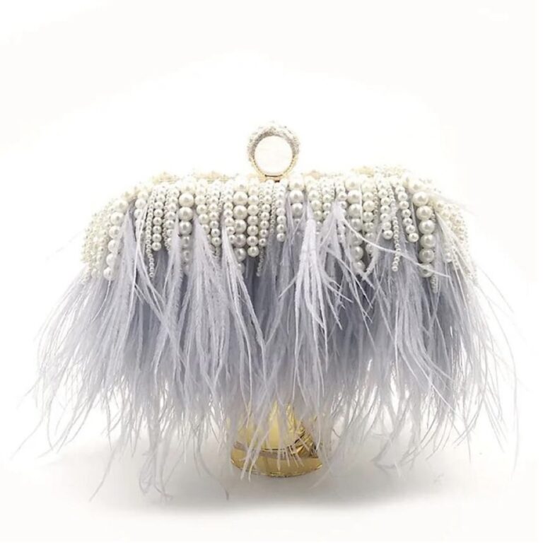 Amelia Pearls Grey Feather Bag