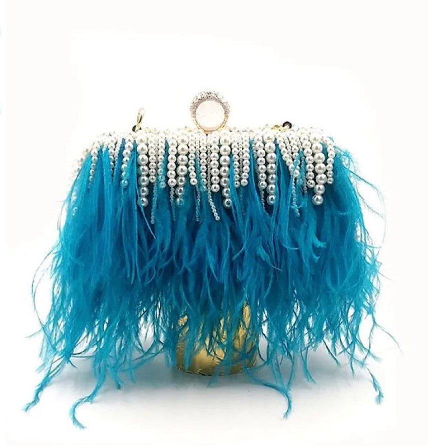 Amelia Pearls Blue Feather Bag